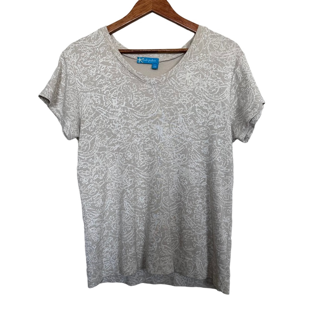 Fresh Produce Women’s Sz L Short Sleeve Tan White Floral Print Top